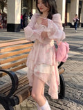 Nukty Korean Print Ruffles Pink Mini Dress Slim Wasit Fairy Puff Sleeve Ball-Gown Square-Collar Vestidos Summer Chic New Clothes