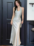 Nukty Elegant Satin Solid Women's Dresses Sexy Halter V-neck  Female Clothing Formal Occasion New Sleeveless Evening Party Long Dress