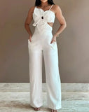 2024 Summer Woman Long Jumpsuits Elegant Sexy Floral Pattern Shirred Hollow Out Jumpsuit New Fashion Casual One Pieces