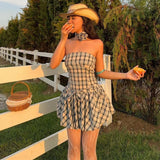 Nukty Elegant Off Shoulder Plaid Printing Women Mini Dresses Y2K Sleeveless Flowers Tank Dress Sweet Girls Slim fit Vestidos
