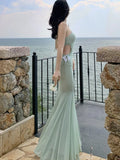 Nukty Spring Summer Green Mesh Chic Bow Hollow Out Dresses Women Fashion Bodycon Sexy Neck-mounted Korean Elegant Party Dress