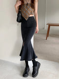 Nukty Black Denim Long Skirt Women Vintage High Waist Split Bodycon Ruffles Pencil Mermaid Midi Skirt Summer Japanese Fashion