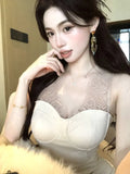 Nukty Korean Lace Stitching Elegant Mid-length Party Dresses V-neck Hollow See Through Sexy Long Sleeve Dress  Women Autumn New