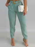 Nukty Solid Ruffles Backless Knotted Crop Tops & Pocket Design Belted Pants Set Casual Women Two Piece Set Outfits