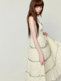 Nukty Sweet Gentle Style Polka Dot Print Long Camisols Cake Dresses Women's Summer Spliced Lace V-neck Sleeveless Bow Suspender Dress