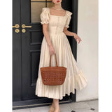 Nukty Elegant Square Collar White Dress Summer Fashion Puff Sleeve Ruffle Dress for Women 2024 Chic Vintage Maxi Dresses