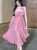 Nukty Sweet Ruffles Birthday Party Midi Dress Elegant Halter Spaghetti Strap Princess Evening Dresses Summer A-line Casual Vestidos