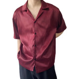 Nukty Summer Men's Stylish Shirt Cuban collar Satin Silk Wine Red Dress Shirts Short Sleeve Tops Wedding Prom Party Holiday Blouse Man