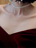 Nukty Spring Long Luxury Elegant Wine Red Soft Velvet Evening Party Wedding Dresses for Women Off Shoulder Maxi Dress
