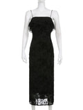 Nukty Floral Mesh Double Layers Sleeveless Sundress Black Turn-down Ruffle Strapless Straight Long Dress Beach Holiday Robe