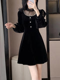 Nukty Elegant Black Velvet Mini Dress for Women Long Sleeve Bodycon Evening Dresses Korean Fashion Autumn Mesh Patchwork Outfits New