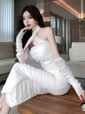 Nukty Fashion Sexy Halter Pleated Party Dress for Women Vintage Elegant Autumn Strapless Birthday Ladies Bodycon Split Vestidos Mujer