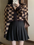 Nukty Checkerboard Crop Cardigan V-neck Button Up Knitted Sweaters Women Autumn Winter Outfit