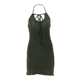 Nukty Elegant Y2K Sleeveless Mini Dress Sexy Knit Backless Halter Dresses Autumn Fashion Drawstring Streetwear Slip Dress