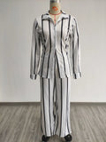 Nukty Autumn Winter Fashion Striped Print Set Women's Long-sleeve Button Shirt Wide-leg Pants Two-piece Suit Casual Office Ladies Sets