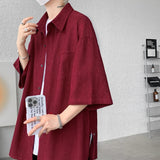 Nukty Wine Red Side Buttons Pleated Shirt Black Apricot Harajuku Button Up Korean Short Sleeve Aesthetic Male Shirts Men Blouse