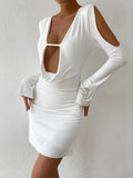 Nukty Sexy Hollew Out V Neck Bodycon Mini Dress Women's Long Sleeve Open Back Lace Up Wrapping Short Skirt Nightclub Party Dress