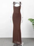Nukty Elegant Bead Mesh Patchwork Long Dress For Women Backless O-neck Sleeveless Slim Robes Shiny Party Club Sexy Dresses