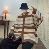 Nukty Vintage Cardigan Men Autumn Striped Harajuku Baggy Streetwear Cozy Contrast Color Daily Japanese Style Versatile Couple Tender