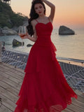 Nukty Elegant Spaghetti Strap Sleeveless Ruffles Dresses Waist Cinched Gown Coastal Outfit Women's French Lace Halter Neck Long Dress