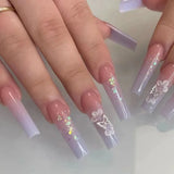 Nukty 24Pcs Coffin False Nails Purple Butterfly Designs Fake Nails with Shiny Rhinestone Wearable French Full Cover Press on Nails