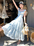 Nukty Sweet French Chic Blue Chiffon Print Dress Flying Sleeves Square Collar A Line Slim Wasit Women Vestidos 2025 New Spring Summer