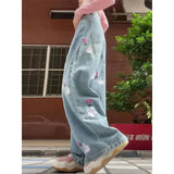 Nukty Women's Blue Jeans Baggy Harajuku Aesthetic Embroidery Denim Trousers Y2k Oversize Wide Jean Pants Vintage 2000s Trashy Clothes