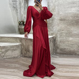 Nukty Cocktail Full Length Women Hem Maxi Dress Luxury Female V-neck Waist Party Dress Elegant Lantern Sleeve Ruffle Satin Dresses