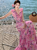 Nukty French Chic Ruffles Floral Print Dresses For Women Backless Beach Style Cake Dress Female Long Vestidos Summer Maxi Dress