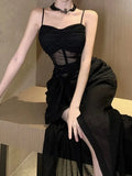 Nukty French Sexy Black Split Sleeveless Dresses Summer New Fashion Spaghetti Strap Slim Female Evening Party Club Dress