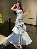 Nukty Fashion Spaghetti Strap Elegant Ruffles Women's Long Dresses Sleeveless Princess Party Dress Summer Slim Waist Casual Vestidos