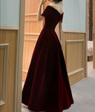 Nukty Spring Long Luxury Elegant Wine Red Soft Velvet Evening Party Wedding Dresses for Women Off Shoulder Maxi Dress