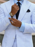 Nukty 2 Pieces  Casual Men Suits Seersucker Stripe Outfits Custom Wedding Groom Tuxedo Costume Homme Peaked Lapel Jacket+Pants