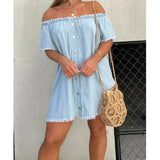 Shirt Dress Denim Jeans Dresses Women Off Shoulder Slash Neck Blue Tassel Single Breasted A Line Mini Vestidos Streetwear