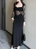 Nukty Sexy Splicing Lace Fishbone Dresses Women Elegant Patchwork Evening Party Dress Fashion Temperament Female Black Vestido Mujer