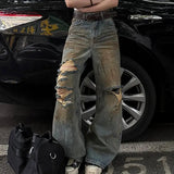 Nukty Blue Womens Jeans High Waist Vintage Y2K 2000s Summer Denim Pants Ripped Streetwear American Wide Leg Baggy Denim Trouser