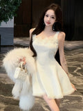 Nukty Elegant Princess Party Dress Sexy Off Shoulder Sleeveless Birthday Prom A-Line Short Vestidos Y2K Sweet Slim Waist Female Robe