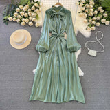 Nukty Frenchic Vintage Long Dress Women Lace-up Bow Collar Lantern Sleeve Female Vestidos De Mujer Spring Elegant Dresses