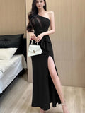 Nukty Women Sexy Backless Slim Split Long Dress Summer Fashion Elegant Sleeveless Off Shoulder Elegant Club Party Mesh Dresses