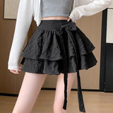 Nukty  Sweet Bow Tutu Skirts Women Summer High Waist Lolita All Match Mini Pleated Skirts Korean Kawaii Preppy Lace Up A Line Skirts