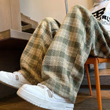 Nukty Green Plaid Pants Men Harajuku Winter Wide Leg Checked Trousers Male Oversize Big Size Casual Sweatpants Streetwear 8XL