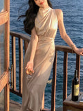Nukty Women Summer Halter Satin Midi Party Dress Sleeveless Bodycon Slim Casual Solid Birthday Vestidos Female One Pieces Fashion Robe