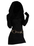 Nukty Daily Fashion Slim Hooded Cowl Neck Long Knit Top Thumb Hole Full Sleeve Belted Long Knitted Tees For Women