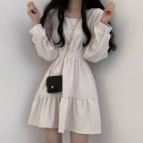 Nukty Women Long Sleeve Black Dresses Square Collar A-Line Sweet Vintage Design High Waist Mini Length Soft Korean Elegant