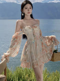 Nukty Vintage Floral Print Womens Dresses Elegant Slash Neck Flare Long Sleeves Princess Birthday Party Mini Dress A-Line Chiffon Robe