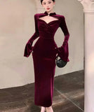 Nukty DRESS TO IMPRESS Temperament Dresses Women Hollow Out Flare Long Sleeve French Style Chic Hollow Out Velvet Dress Sexy Vintage Party