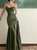 Nukty Elegant Emerald Green Irregular Patchwork Evening Party Dress High Waist Spaghetti Strap Pleated Hem Prom Gown For Women