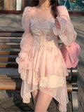 Nukty Korean Print Ruffles Pink Mini Dress Slim Wasit Fairy Puff Sleeve Ball-Gown Square-Collar Vestidos Summer Chic New Clothes