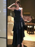 Nukty Fashion Spaghetti Strap Elegant Ruffles Women's Long Dresses Sleeveless Princess Party Dress Summer Slim Waist Casual Vestidos