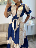 Nukty Women Floral Print Long Dress Summer Casual  Turn-down Collar Half Sleeve Loose Big Swing Dress Female Vintage  Beach Maxi Dress